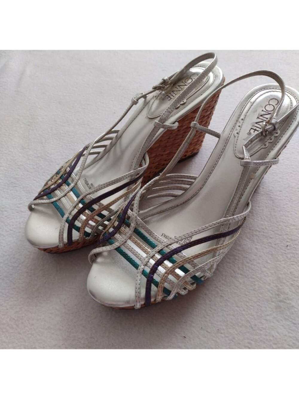 Connie Metallic Strappy Slingback Wedge 8.5 M Silver Straw Sandals - Picture 4 of 11